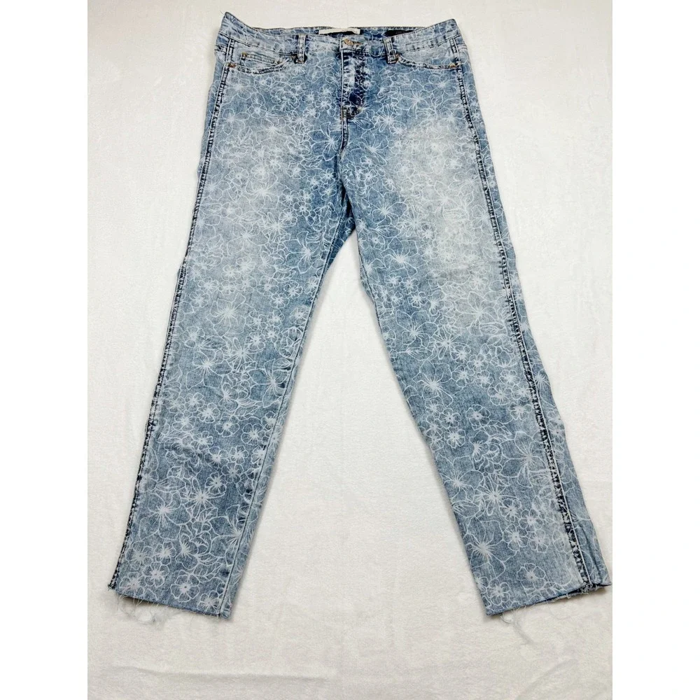 Ella Moss Super High Skinny Crop Floral Jeans Blue White Print Raw Hem Size 30